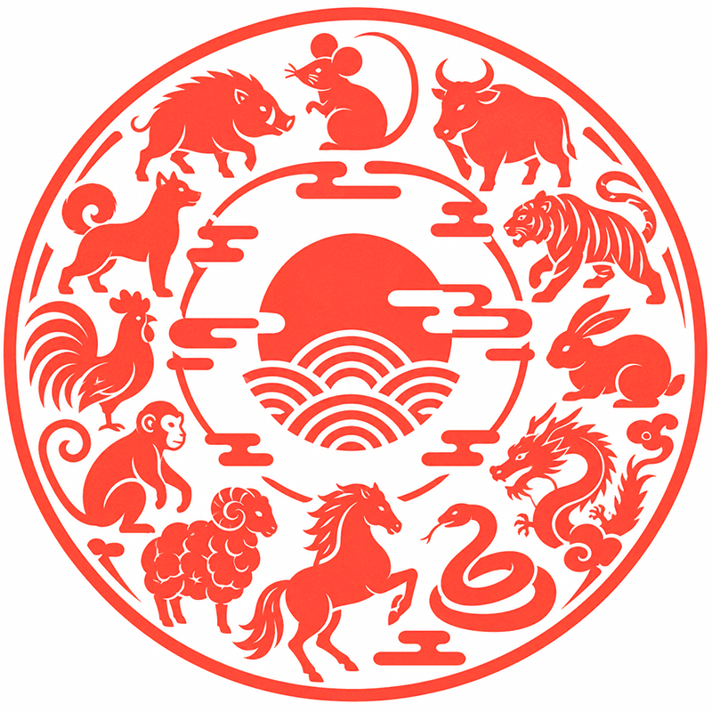 十二支の動物と日の出を描いた藍色の円形紋章