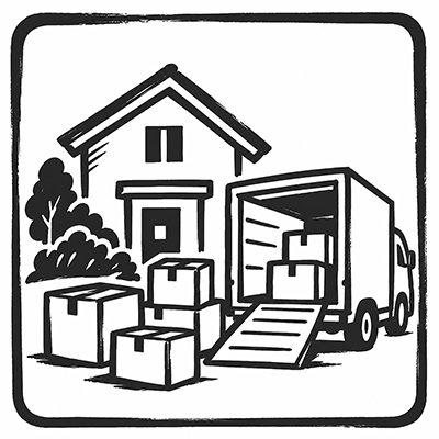家と引っ越しトラック、荷物を描いたモノクロイラスト
