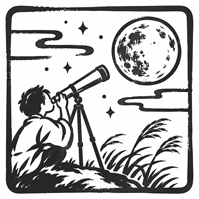 望遠鏡で月を観察する人物と夜空を描いたモノクロの和風筆描きイラスト