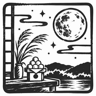 満月、すすき、月見団子を描いたモノクロの和風筆描きイラスト
