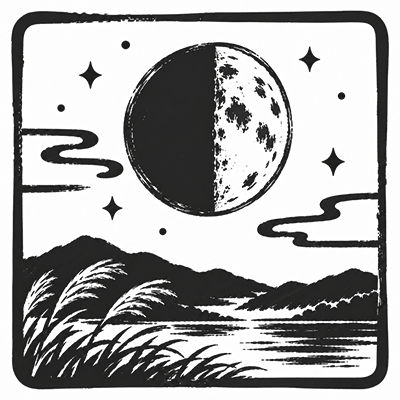 上弦の月を表す、右半分が明るい半月の墨絵