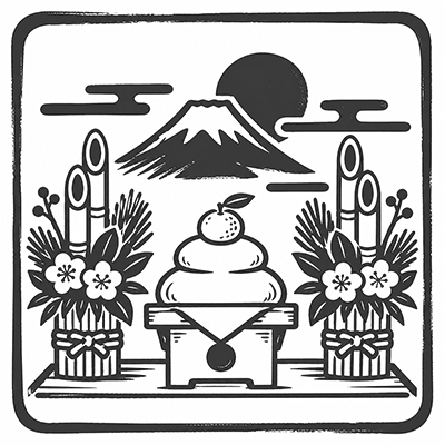 門松と鏡餅、富士山を描いた旧正月のモノクロ和風イラスト