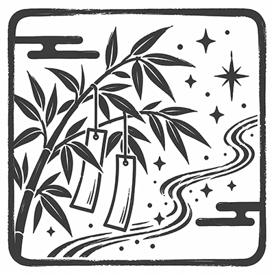 笹の短冊と天の川の星を描いた旧暦七夕のモノクロ和風イラスト