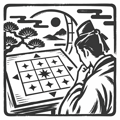 九宮格の方位盤を確認する和装の人物の墨絵風イラスト