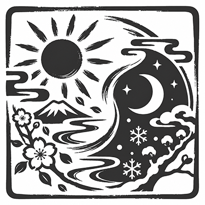 昼と夜、季節の移ろいを墨一色で描いた陰陽の和風イラスト