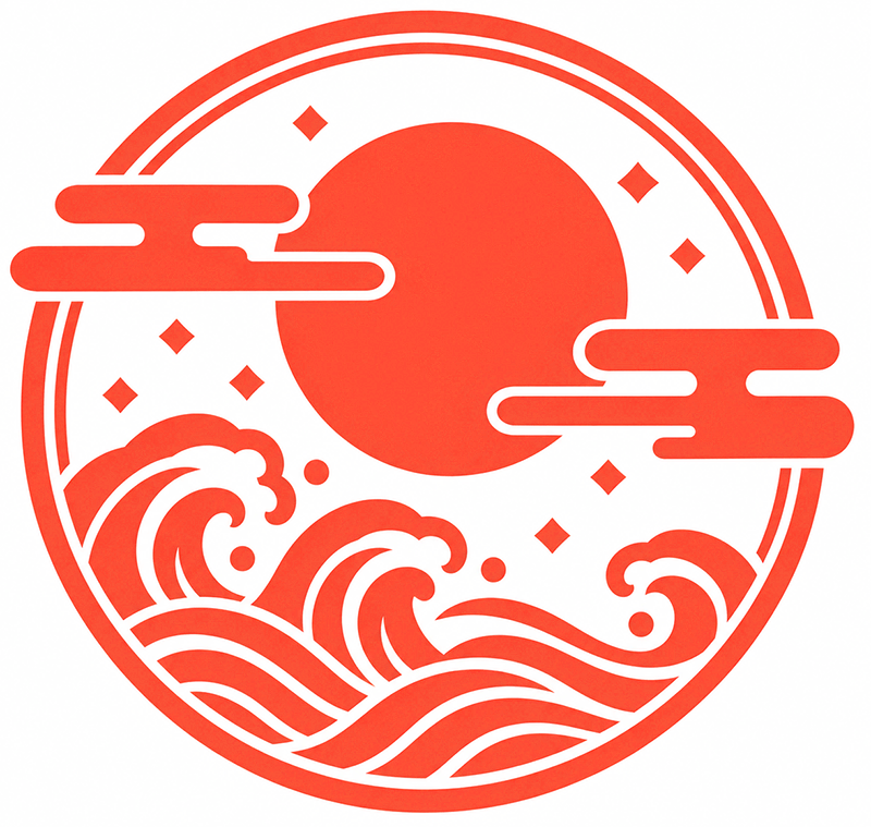 満月と雲、波を描いた藍色の和風円形紋章