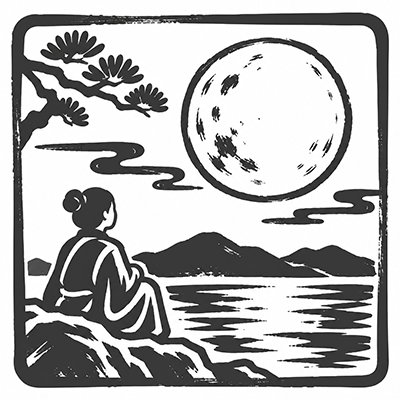 満月が浮かぶ夜の湖畔で月を眺める人を描いた黒一色の和風筆描きイラスト
