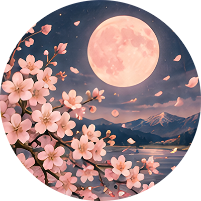 ピンク色の春の花と満月を描いた4月の満月の円形イラスト