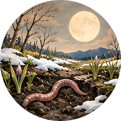 雪解けの土とミミズを照らす満月を描いた3月の満月の円形イラスト