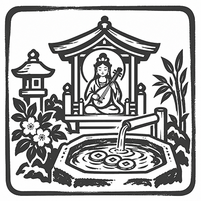 弁財天のお社と硬貨を洗う水場を描いたモノクロイラスト
