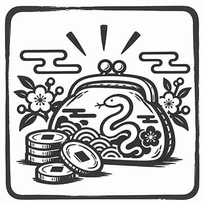 蛇の意匠のがま口財布と硬貨のモノクロイラスト