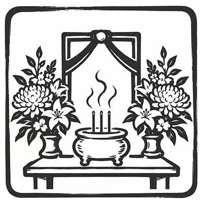 祭壇と線香を描いた葬儀・告別式の線画イラスト