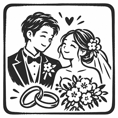 結婚式を挙げる新郎新婦の線画イラスト