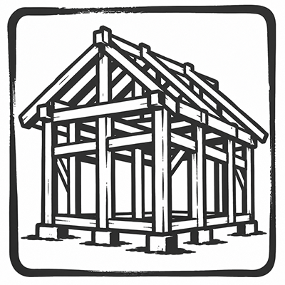 柱と梁を組んだ木造住宅の骨組みを描いたモノクロイラスト