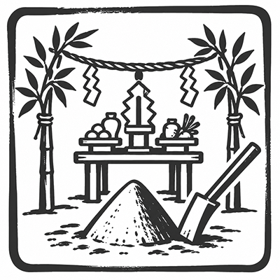 祭壇と盛り砂、鍬を描いた地鎮祭のモノクロイラスト