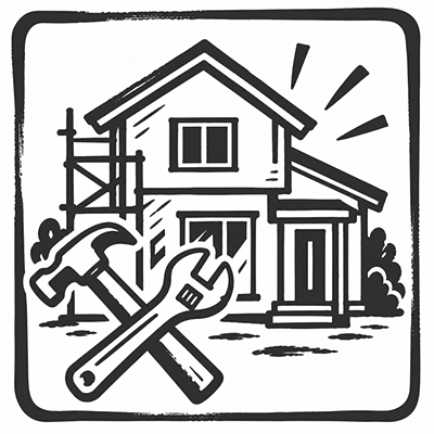 住宅と工具を描いた増改築・リフォームのモノクロイラスト