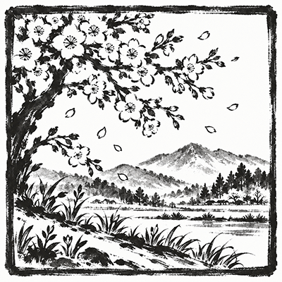 桜の花が咲く春の山里を描いた墨絵