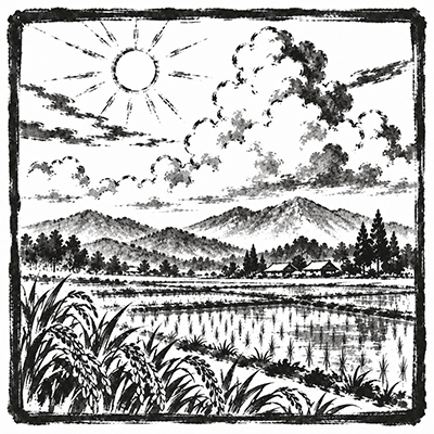 青田と夏雲が広がる里山を描いた墨絵