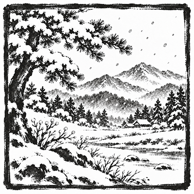 雪山と松が広がる冬景色を描いた墨絵