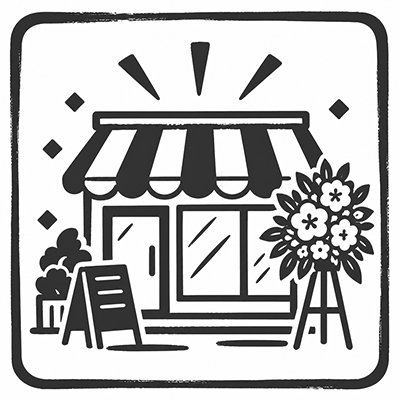 開店祝いの花が並ぶ商店を描いた白黒の筆描きアイコン