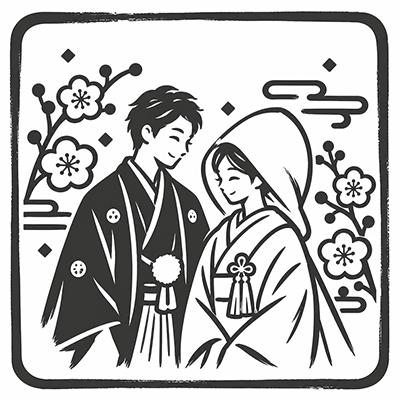 梅と雲に囲まれた和装の新郎新婦を描く白黒の筆描きアイコン