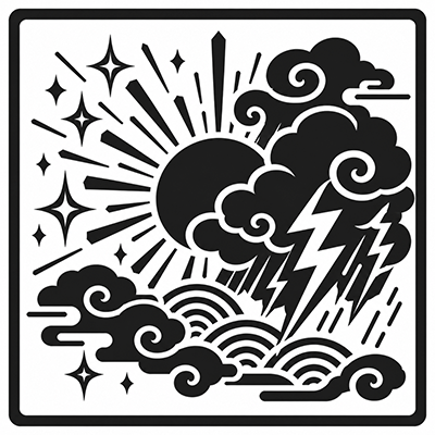 太陽と雷雲で吉凶が混在する様子を表した白黒の和風アイコン