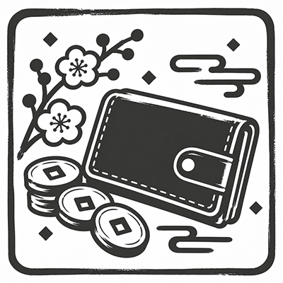 財布と硬貨を描いた金運のモノクロイラスト