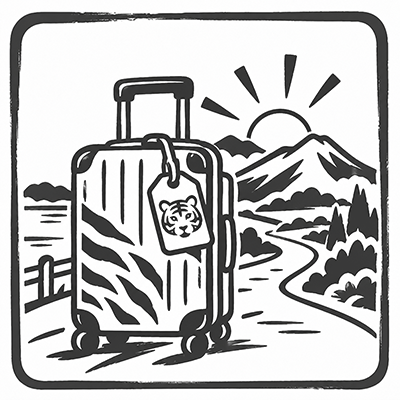虎の札を付けた旅行かばんと山道のモノクロイラスト