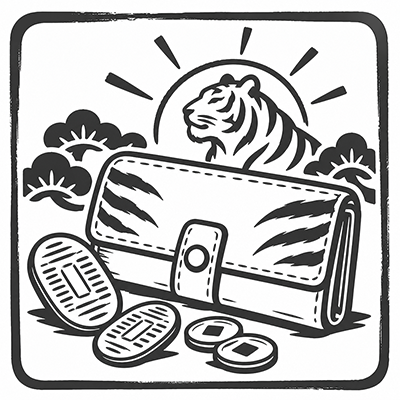 虎の模様を添えた財布と硬貨のモノクロイラスト